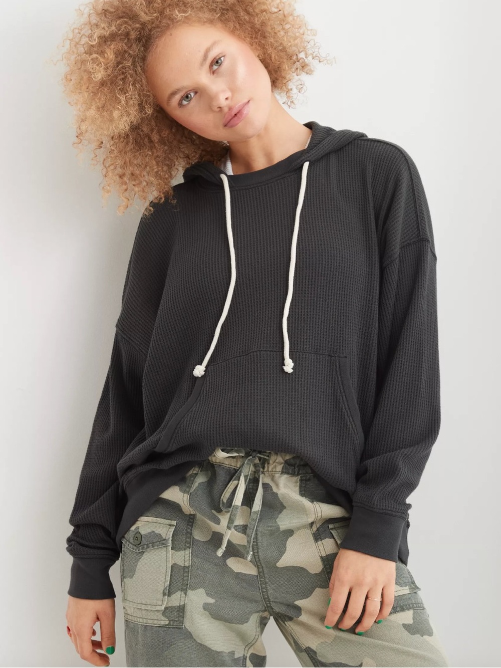 Aerie Cozy Waffle Hoodie Smoked Gray Oversized